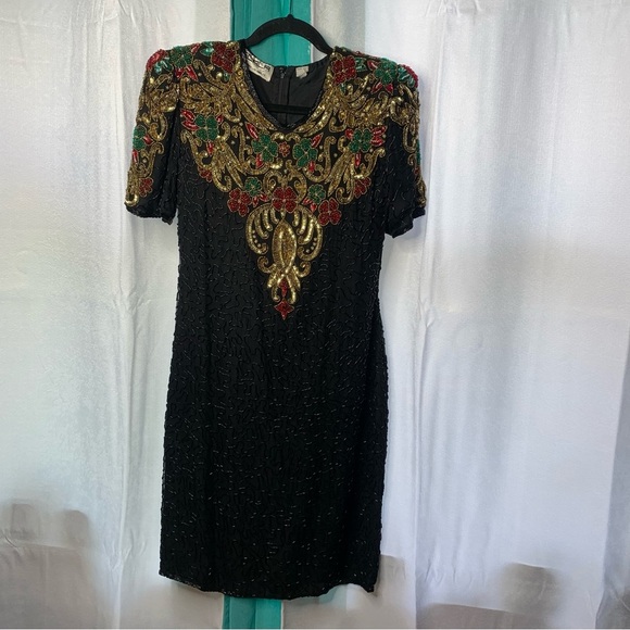 Vintage 80s Scala silk embellished beaded sequin holiday party dress size medium - Picture 2 of 9